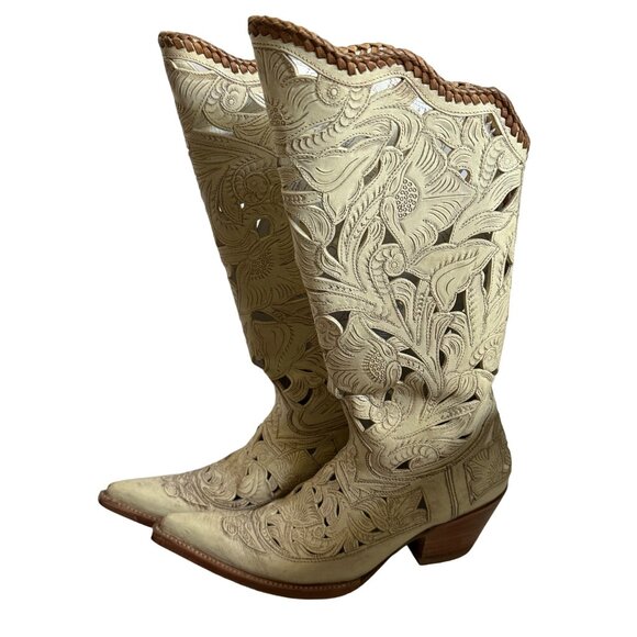 Carrie Cameron Art Cream Leather Laser Cut Floral Western Cowboy Boots Sz 7